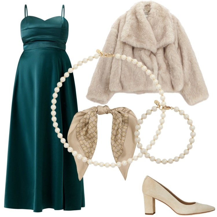 Outfit donna - Total look #2261728- Ottanio. Stile Glamour per Cerimonia. look ideale per Premaman. Abbinamento con vestiti lunghi, blazer, décolleté, braccialetti, collane, foulard.