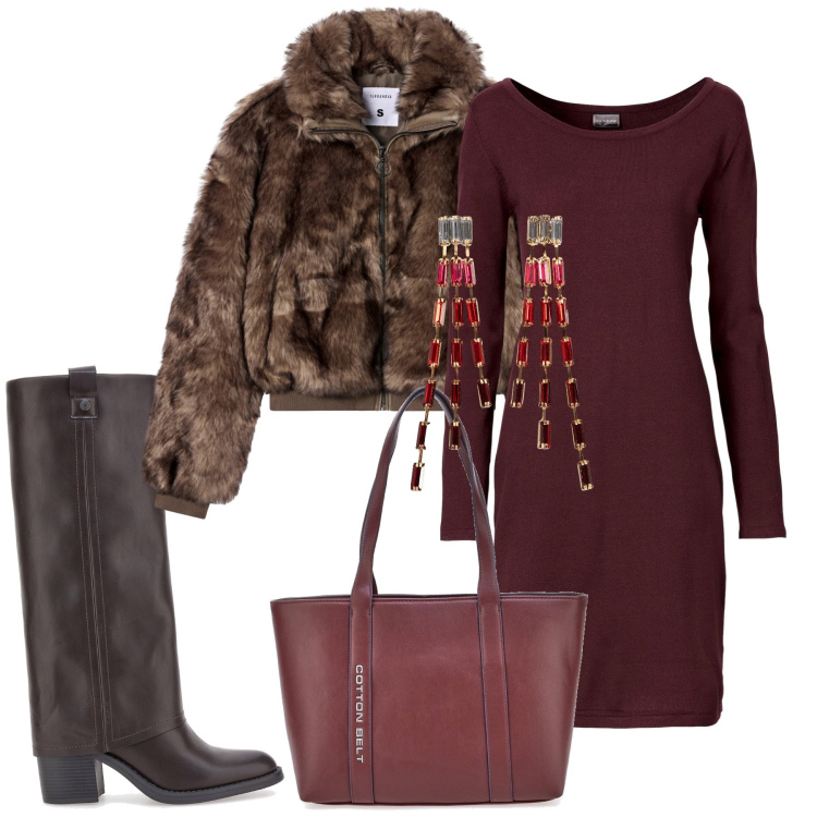Outfit donna - Un\'uscita con le amiche. Stile Glamour per Serata fuori. Abbinamento con vestiti lunghi, orecchini, ecopellicce, stivali sopra il ginocchio, shopping bag.
