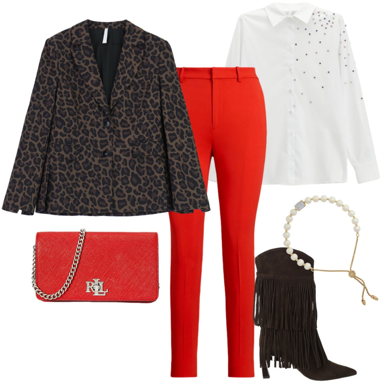Outfit donna - Grintosa. Stile Trendy per Serata fuori. Abbinamento con stivali, blazer, camicie, braccialetti, borse a tracolla, pantaloni.