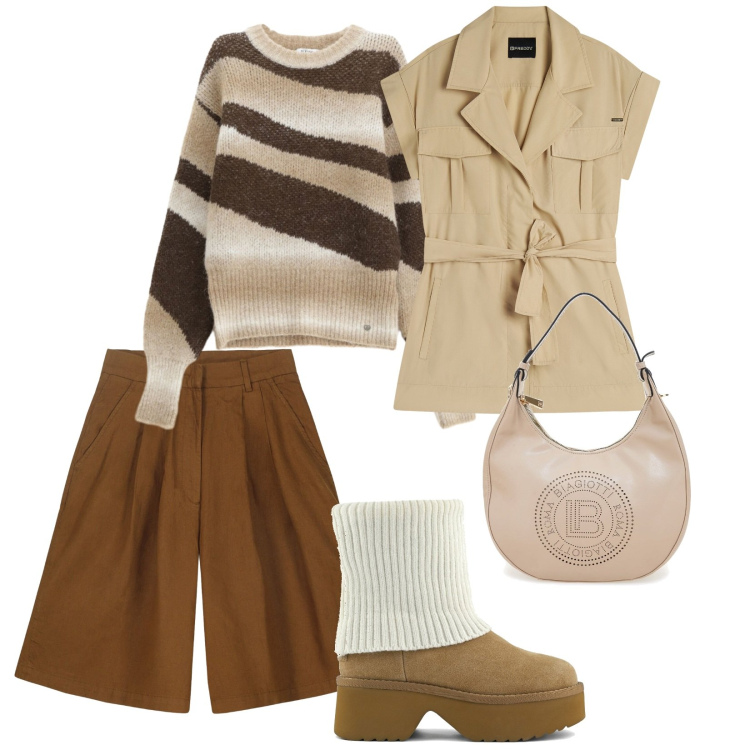 Outfit donna - Comoda in autunno. per Tutti i giorni. Abbinamento con pullovers, trench, bermuda, stivali, borse a spalla.