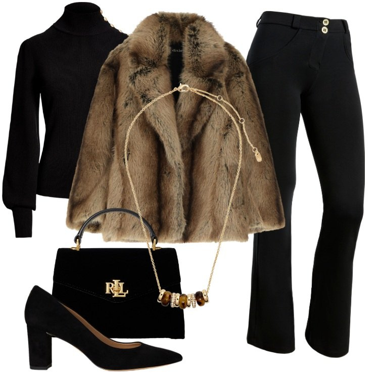 Outfit donna - Serata in pelliccia. Stile Chic per Serata fuori. Abbinamento con pantaloni skinny, vestiti corti, maglieria, collane, décolleté, borse a mano.