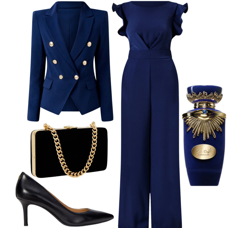 Outfit donna - Laurea e occasioni speciali. Stile Chic per Cerimonia. Abbinamento con profumi, tute, blazer, clutch, décolleté.