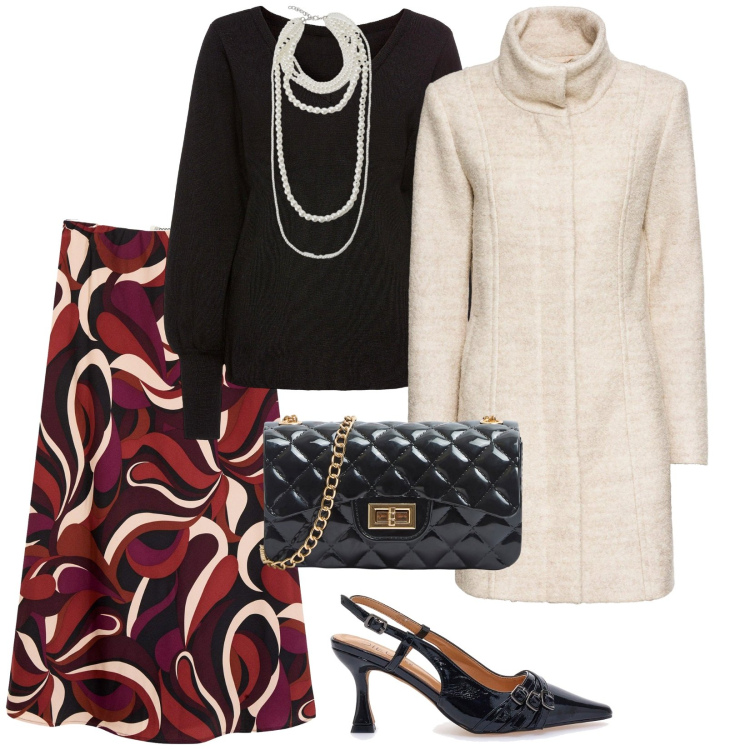 Outfit donna - Stasera si cena fuori. per Serata fuori. Abbinamento con maglieria, cappotti, gonne longuette, borse a tracolla, collane, décolleté.