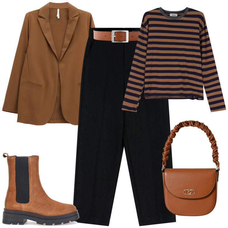 Outfit donna - Striped sweaters. Stile Urban per Tutti i giorni. Abbinamento con cinture, borse a mano, blazer, t-shirt, pantaloni, stivaletti chelsea.