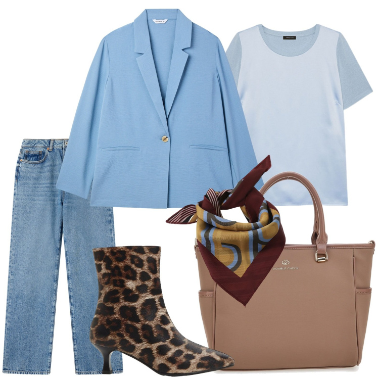 Outfit donna - Animalier e jeans. Stile Minimal per Tutti i giorni. Abbinamento con stivaletti, blazer, jeans dritti, foulard, borse a tracolla, t-shirt.