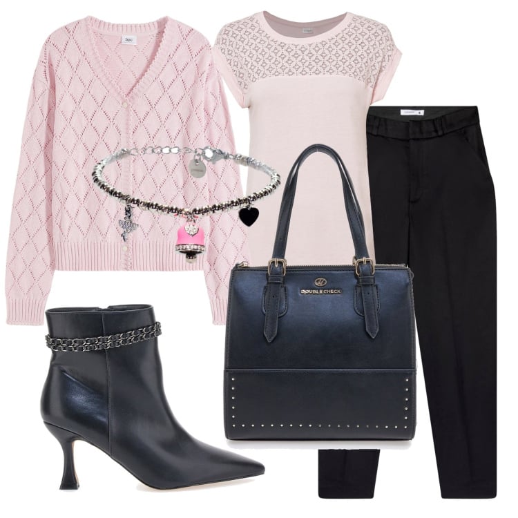 Outfit donna - Total look #2261738. Stile Bon Ton per Ufficio. Abbinamento con cardigans, maglieria, pantaloni chino, braccialetti, borse a mano, stivaletti.