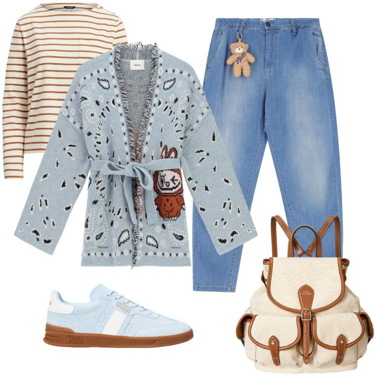 Outfit donna - L\'Orsetto Mascotte. Stile Boho per Scuola/Università. Abbinamento con jeans, cardigans, sneakers, zaini, maglieria.