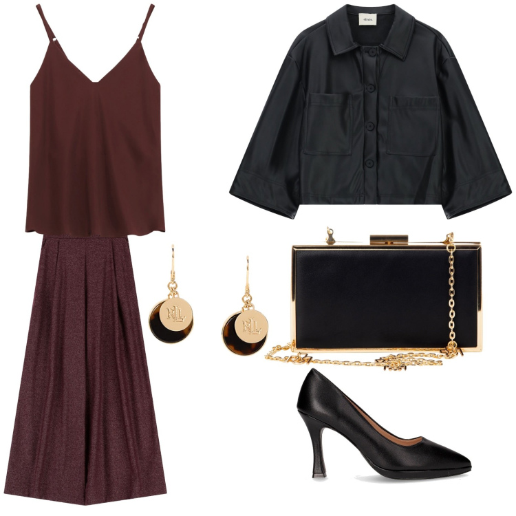 Outfit donna - Aperitivo chic. Stile Casual chic per Serata fuori. Abbinamento con pantaloni a palazzo, pochette, blazer, top, orecchini, décolleté.