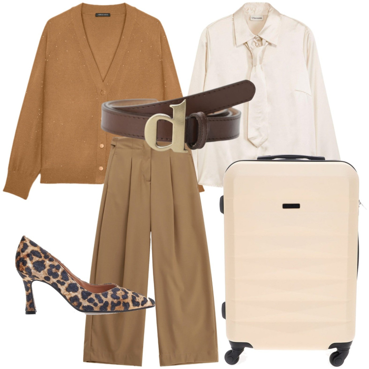 Outfit donna - Minimal autunnale. Stile Glamour per Serata fuori. Abbinamento con camicie, pantaloni a palazzo, cinture, décolleté, valigie, cardigans.