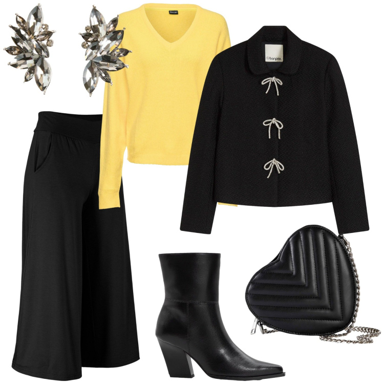 Outfit donna - Tutto Bonprix. per Serata fuori. Abbinamento con pantaloni culotte, orecchini, maglieria, borse a tracolla, blazer, stivaletti.