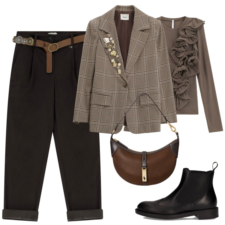 Outfit donna - I chino con risvolto. Stile Casual chic per Tutti i giorni. Abbinamento con t-shirt, blazer, pantaloni, borse a spalla, stivaletti chelsea.