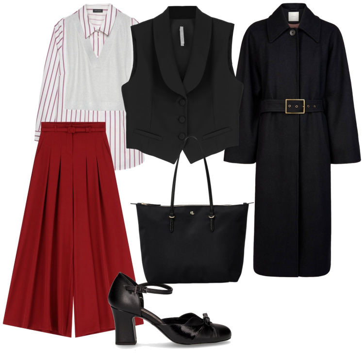 Outfit donna - Pronta e esco. per Tutti i giorni. Abbinamento con pantaloni a palazzo, gilet, borse tote, décolleté, cappotti, camicie.