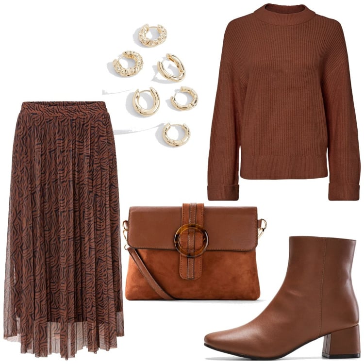 Outfit femme - Marron or. Style Tendance pour Tous les jours. Assortir avec jupes, pulls, bottines, sacs en bandoulière, boucles d'oreilles.