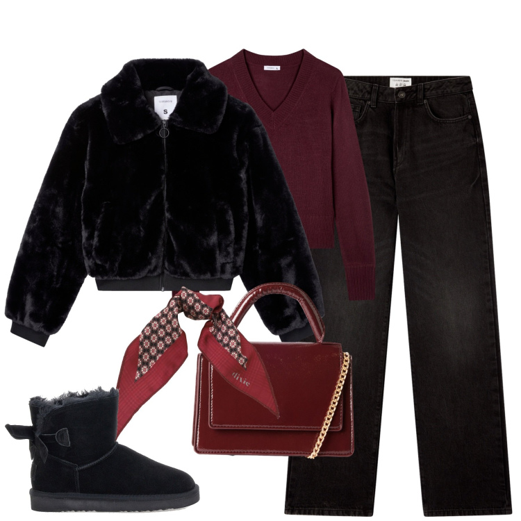 Outfit donna - Ottobre. Stile Casual chic per Tutti i giorni. Abbinamento con borse a tracolla, maglieria, jeans dritti, ecopellicce, foulard, stivaletti.