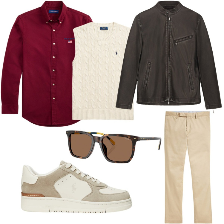 Outfit uomo - Passeggiata autunnale. Stile Casual per Tutti i giorni. Abbinamento con pantaloni chino, sneakers, occhiali da sole, camicie, maglieria, giacche.