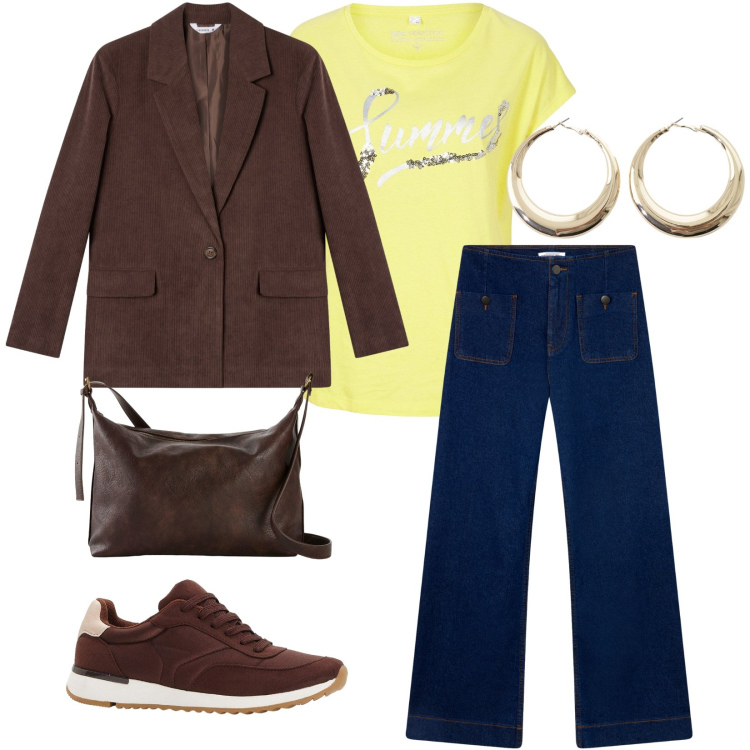 Outfit donna - Total look #2261765. Stile Casual per Tutti i giorni. Abbinamento con sneakers, maglieria, borse a tracolla, jeans, blazer, orecchini.