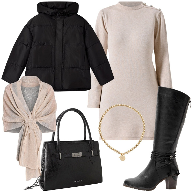 Outfit donna - Minimal. Stile Minimal per Tutti i giorni. Abbinamento con stivali, borse a mano, bomber, stole, vestiti corti, collane.