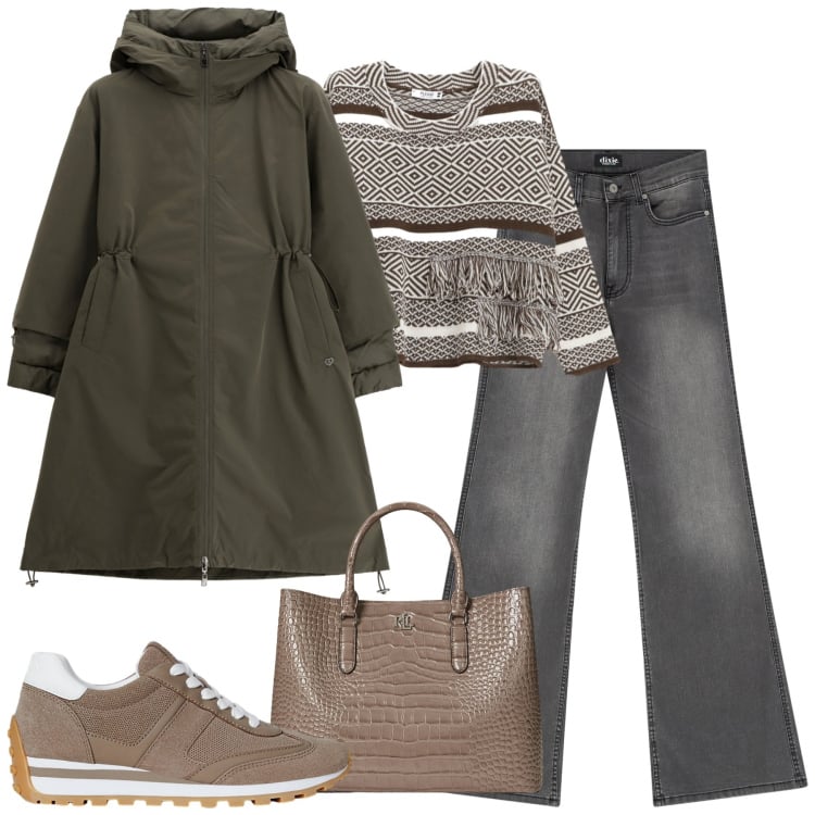 Outfit donna - Ottobre. Stile Casual chic per Tutti i giorni. Abbinamento con jeans a zampa, parka, maglieria, sneakers, borse a mano.