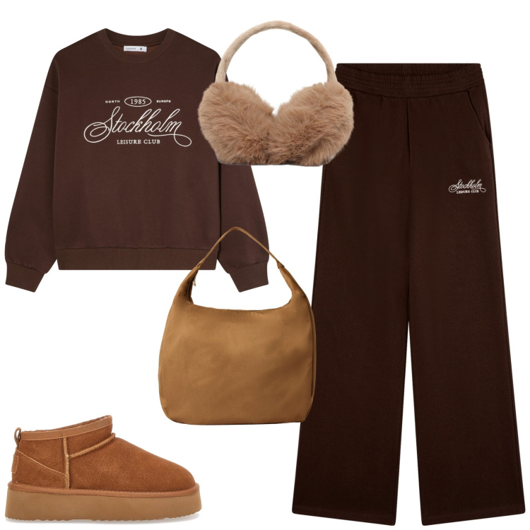 Outfit donna - La tuta cioccolato. Stile Casual chic per Tutti i giorni. Abbinamento con pantaloni, borse a mano, felpe, cappelli, stivaletti.