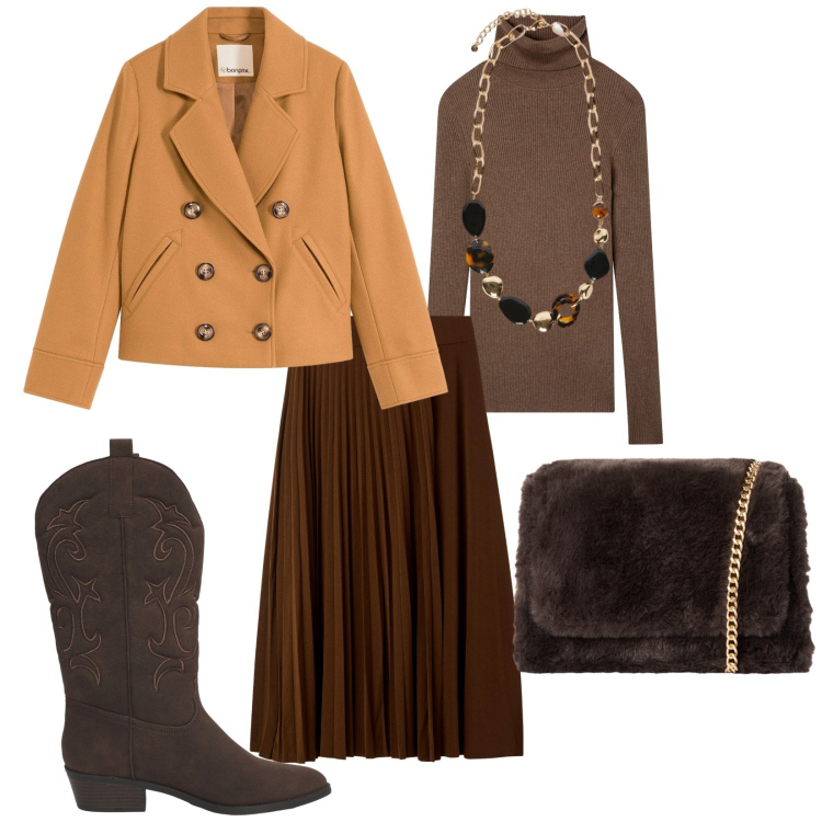 Outfit donna - Total look #2261771. Stile Casual chic per Tutti i giorni. Abbinamento con caban, gonne lunghe, maglieria, borse a tracolla, stivaletti texani, collane.