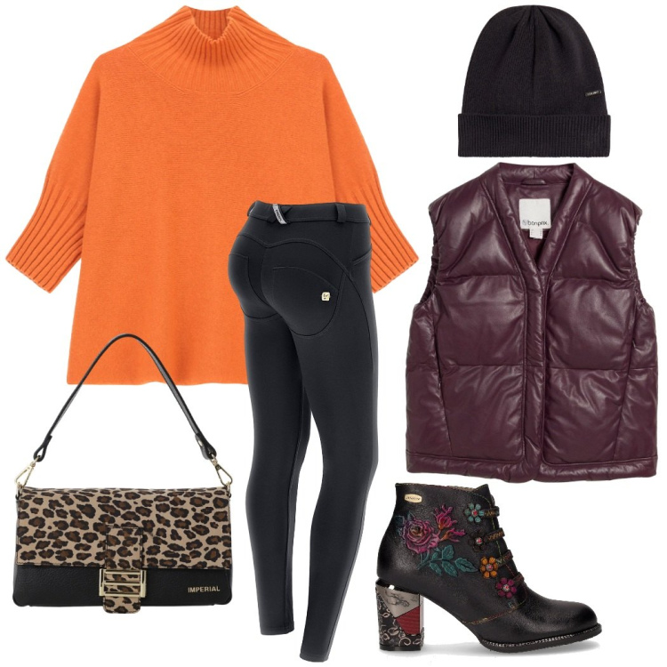 Outfit donna - Vivace autunno. Stile Trendy per Serata fuori. Abbinamento con piumini, borse a spalla, maglieria, pantaloni skinny, berretti, stivaletti.