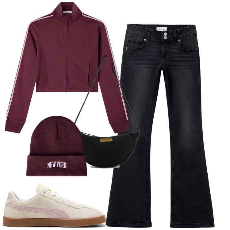 Outfit donna - Sporty. Stile Casual per Tutti i giorni. Abbinamento con felpe sportive, jeans a zampa, berretti, sneakers, borse a tracolla.