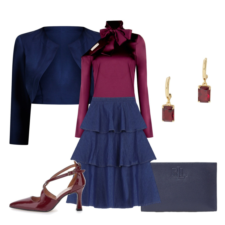 Outfit donna - Femminile e romantica;. Stile Romantica per Serata fuori. Abbinamento con gonne lunghe, bolero, bluse, pochette, orecchini, décolleté.