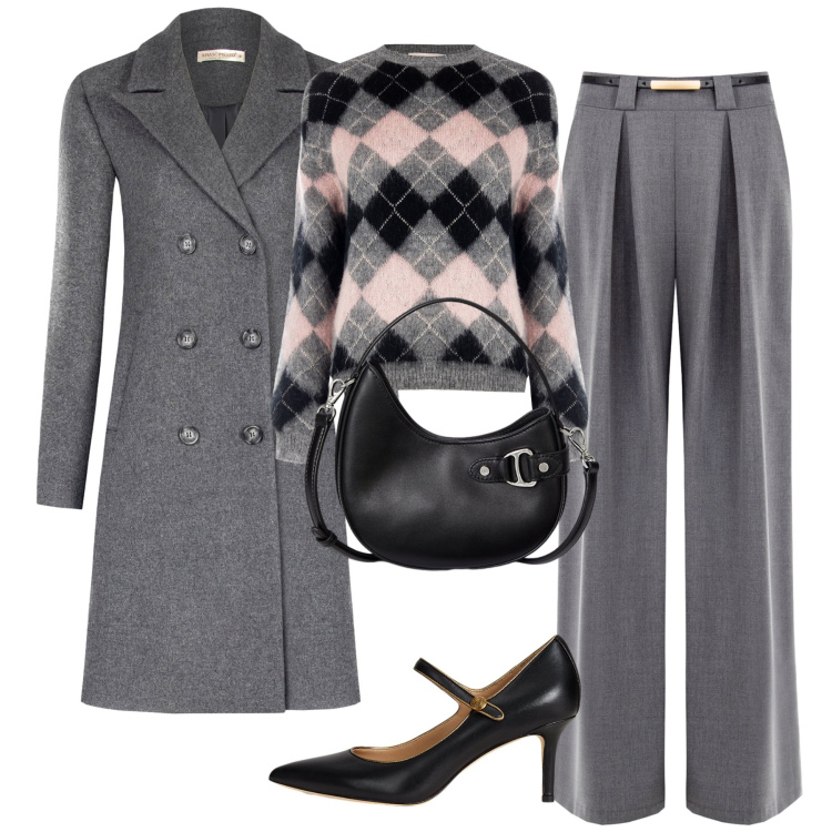 Outfit donna - City. Stile Chic per Tutti i giorni. Abbinamento con pantaloni a palazzo, maglieria, cappotti, décolleté, borse a tracolla.
