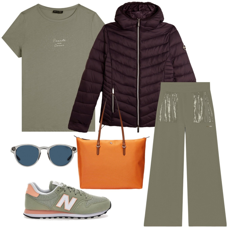 Outfit donna - Contrasti autunnali. Stile Casual per Scuola/Università. Abbinamento con piumini, pantaloni, t-shirt, occhiali da sole, borse tote, sneakers.