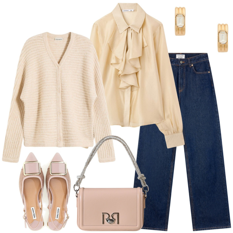 Outfit donna - Romantica in jeans. Stile Romantica per Serata fuori. Abbinamento con cardigans, camicie, jeans, borse a mano, orecchini, ballerine.