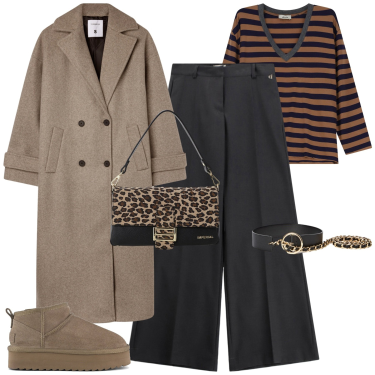 Outfit donna - City. Stile Urban per Tutti i giorni. Abbinamento con cappotti, borse a spalla, maglieria, pantaloni a palazzo, stivaletti, cinture.