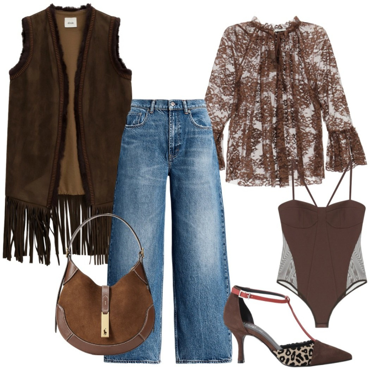 Outfit donna - La blusa sexy e il gilet country. Stile Trendy per Serata fuori. Abbinamento con body, camicie, décolleté, cappotti, jeans, borse a spalla.