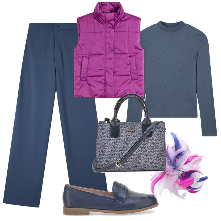 Outfit donna - Un tocco di ciclamino. Stile Urban per Tutti i giorni. Abbinamento con piumini, pantaloni, t-shirt, mocassini, borse a tracolla, accessori per capelli.