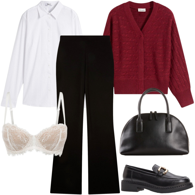 Outfit donna - Cardigan rosso e pantalone nero. Stile Casual per Ufficio. Abbinamento con camicie, reggiseni a balconcino, cardigans, mocassini, shopping bag, pantaloni.