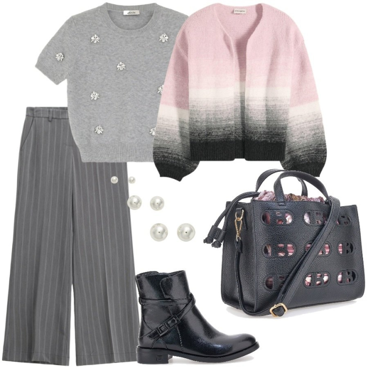Outfit donna - Il cardigan colorato. Stile Casual chic per Ufficio. Abbinamento con cardigans, maglieria, pantaloni a palazzo, orecchini, stivaletti, borse a mano.