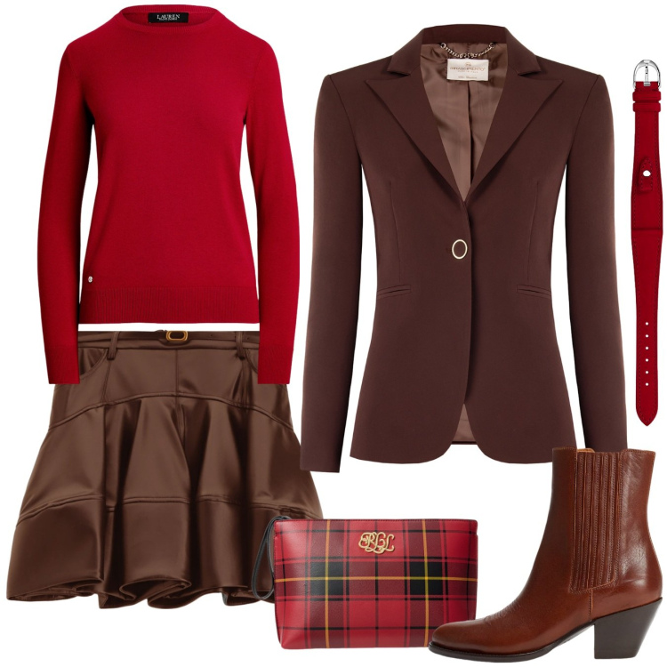 Outfit donna - Autunno in rosso. Stile Preppy per Scuola/Università. Abbinamento con blazer, minigonne, orologi, stivaletti texani, maglieria, pochette.