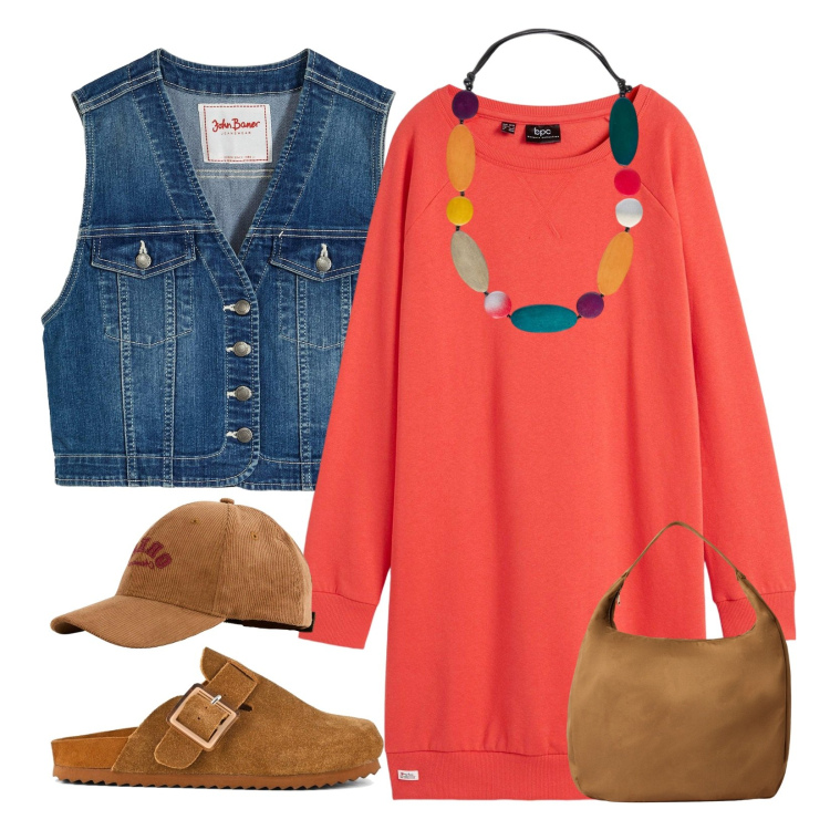 Outfit donna - Abitino in felpa. Stile Urban per Scuola/Università. Abbinamento con vestiti, gilet, cappelli con visiera, borse a mano, sabot, collane.