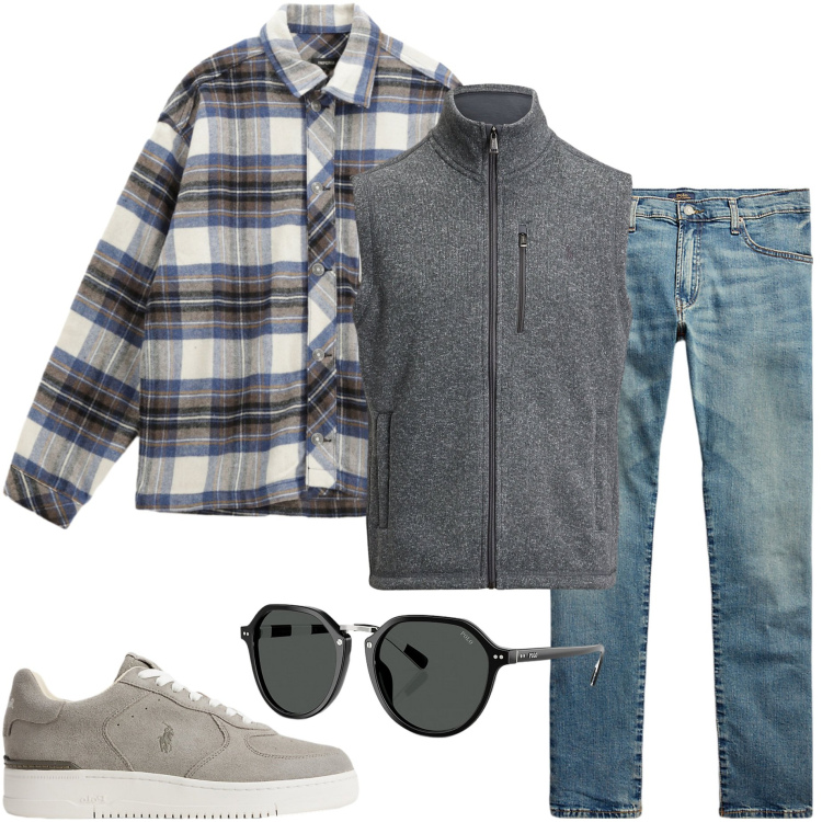 Outfit uomo - Ultime giornate di sole. Stile Urban per Tutti i giorni. Abbinamento con camicie, jeans, occhiali da sole, sneakers, gilet.
