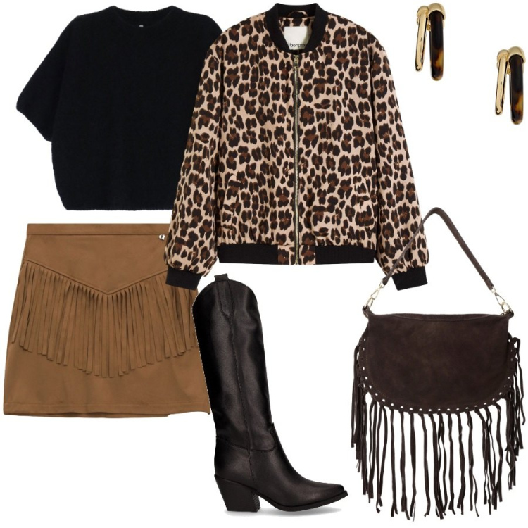 Outfit donna - Aperitivo in centro. Stile Glamour per Serata fuori. Abbinamento con bomber, maglieria, borse a tracolla, minigonne, orecchini, stivali.
