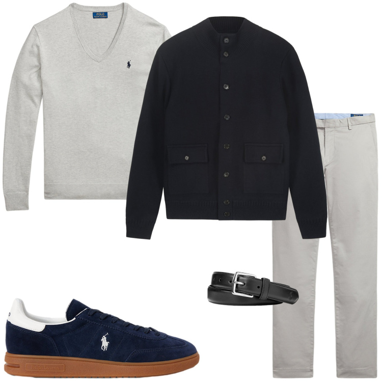 Outfit uomo - Casual style. Stile Casual per Tutti i giorni. Abbinamento con cinture, sneakers, pantaloni chino, maglieria, giacche.