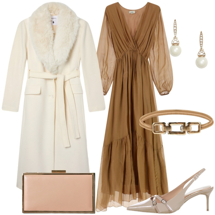 Outfit donna - Romantic. Stile Romantica per Serata fuori. Abbinamento con cappotti, pochette, décolleté, cinture, vestiti lunghi, orecchini.