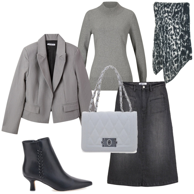 Outfit donna - Total look #2261792. Stile Casual chic per Ufficio. Abbinamento con gonne longuette, maglieria, blazer, stivaletti, borse a tracolla, sciarpe.