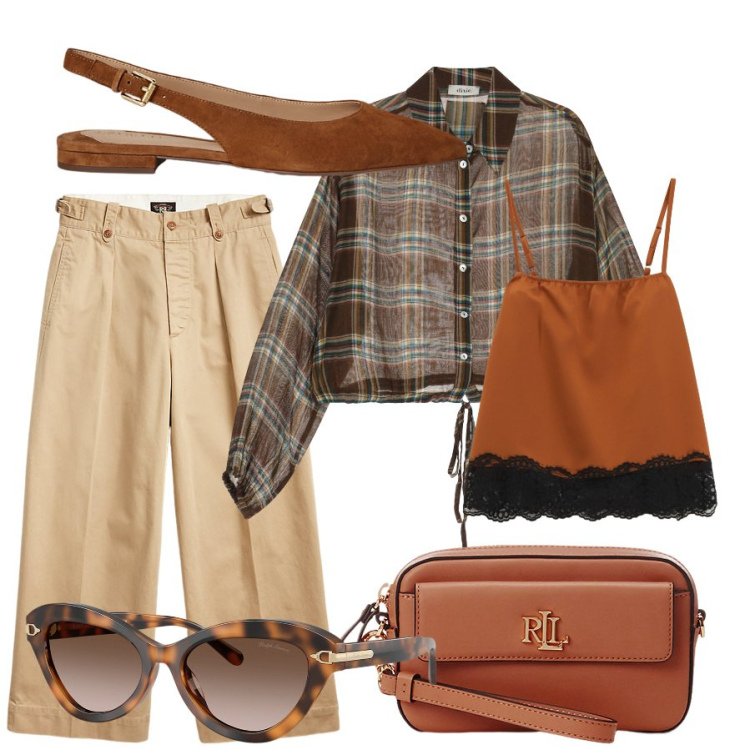 Outfit donna - Total look #2261793. Stile Basic per Tutti i giorni. Abbinamento con camicie, top, pochette, pantaloni, ballerine, occhiali da sole.