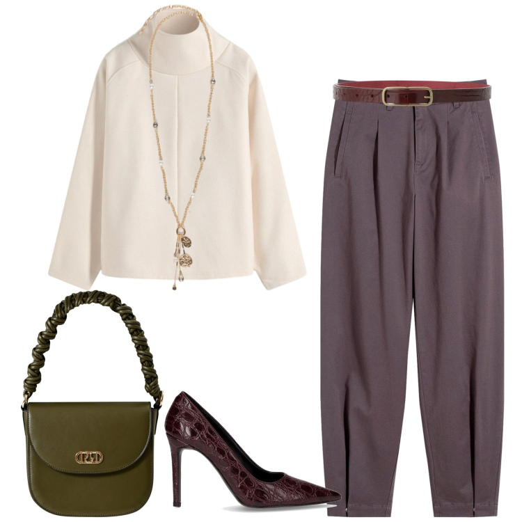 Outfit donna - In ufficio. Stile Casual per Ufficio. Abbinamento con maglieria, pantaloni, borse a mano, cinture, ciondoli, décolleté.