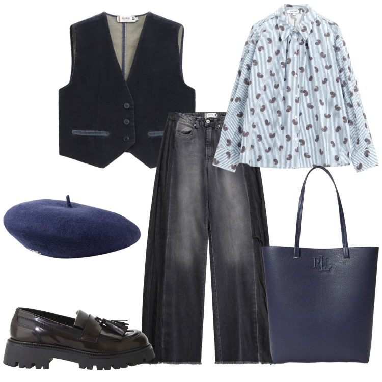 Outfit donna - Total look #2261795. Stile Casual per Tutti i giorni. Abbinamento con jeans, camicie, gilet, mocassini, berretti, borse tote.