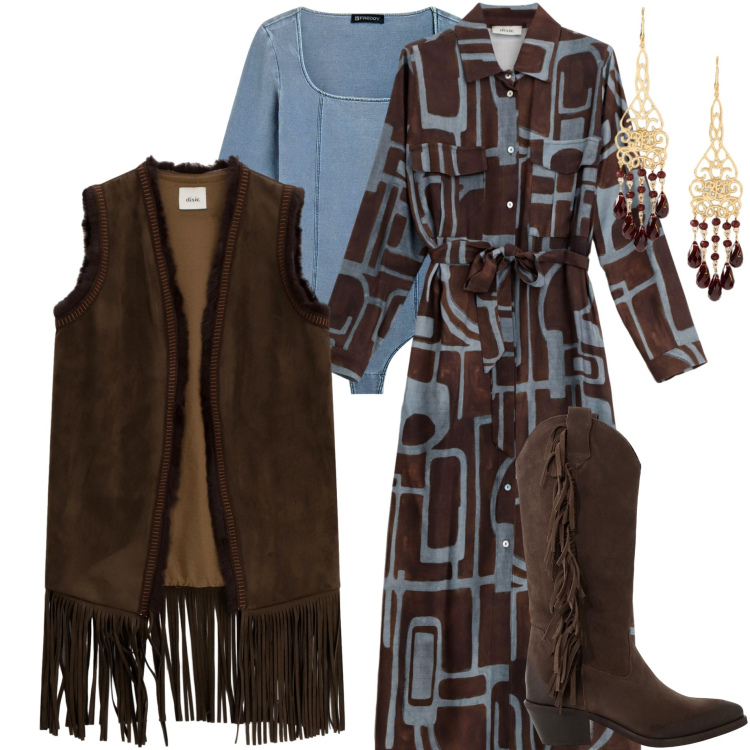 Outfit donna - Serata con amici. Stile Glamour per Serata fuori. Abbinamento con body, cappotti, stivali, vestiti lunghi, orecchini.