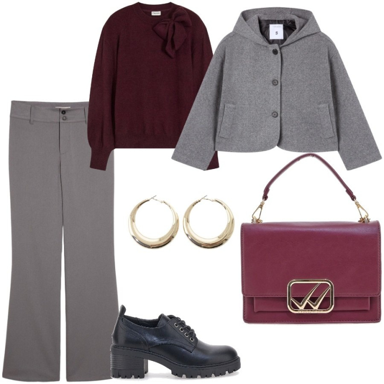 Outfit donna - Colori trendy. Stile Casual chic per Ufficio. Abbinamento con pantaloni, maglieria, caban, orecchini, scarpe stringate, borse a tracolla.