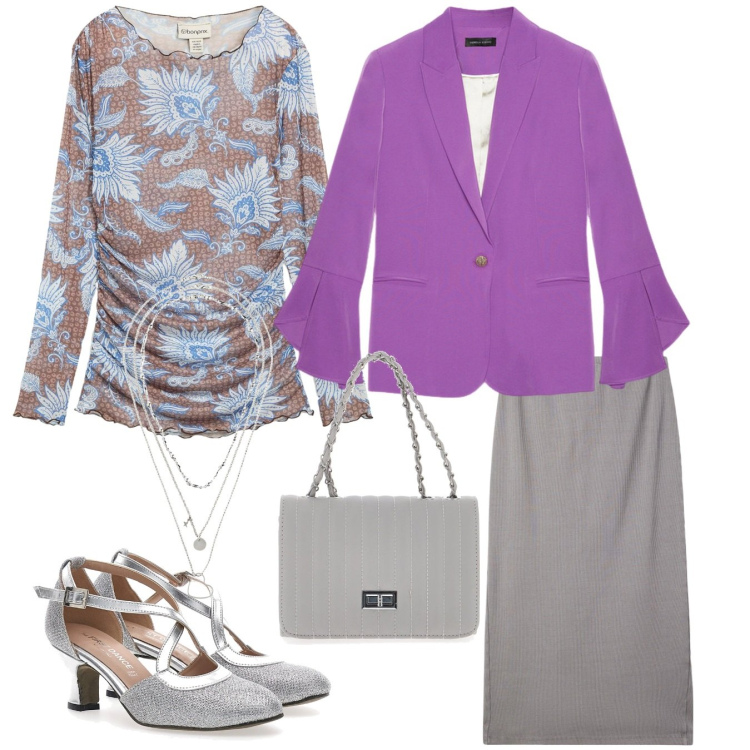 Outfit donna - Sweet. Stile Romantica per Tutti i giorni. Abbinamento con bluse, collane, gonne longuette, scarpe col tacco, borse a tracolla, blazer.