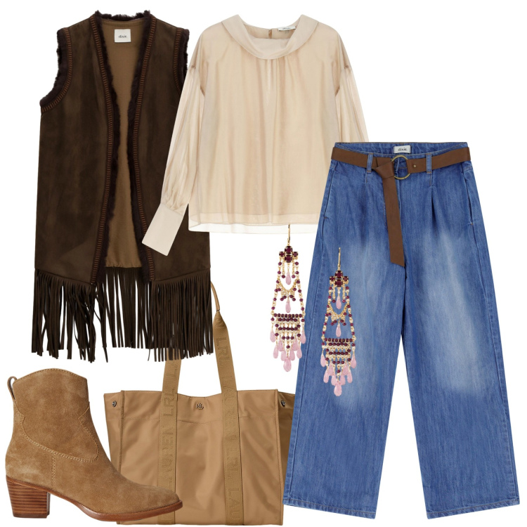 Outfit donna - Vintage autunnale. Stile Vintage retrò per Tutti i giorni. Abbinamento con jeans, cappotti, camicie, borse tote, stivaletti, orecchini.