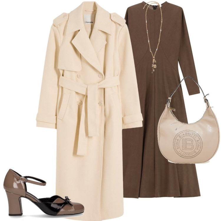 Outfit donna - Trench season. Stile Urban per Tutti i giorni. Abbinamento con trench, vestiti lunghi, borse a spalla, ciondoli, décolleté.